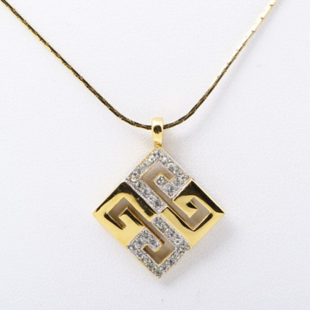 ✨ Vintage Givenchy Gold Logo & Rhinestone Square Pendant Necklace 16" ✨